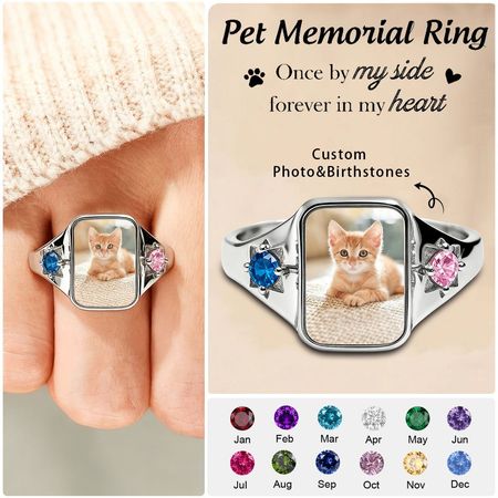 Personalisierter Haustierfoto-Geburtsstein-Gedenkring, Geschenk für Tierliebhaber